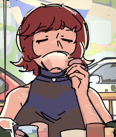 A woman drinking coffee with suspicious cat  ear shapes around her head.