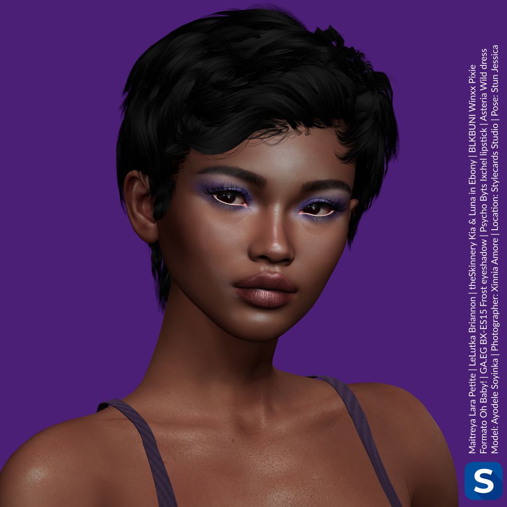 A closeup photo of Ayodele Soyinka as she poses in front of a purple backdrop. She has short black hair, purple eyeshadow, and metallic burgundy lipstick. 