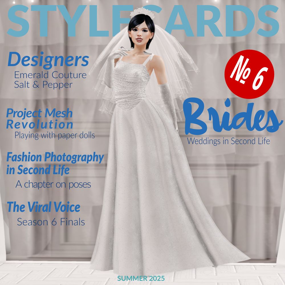 The front cover of Stylecards № 6 features Venus Diamandis wearing a white wedding gown and veil while standing in front of white curtains against a white wall.
