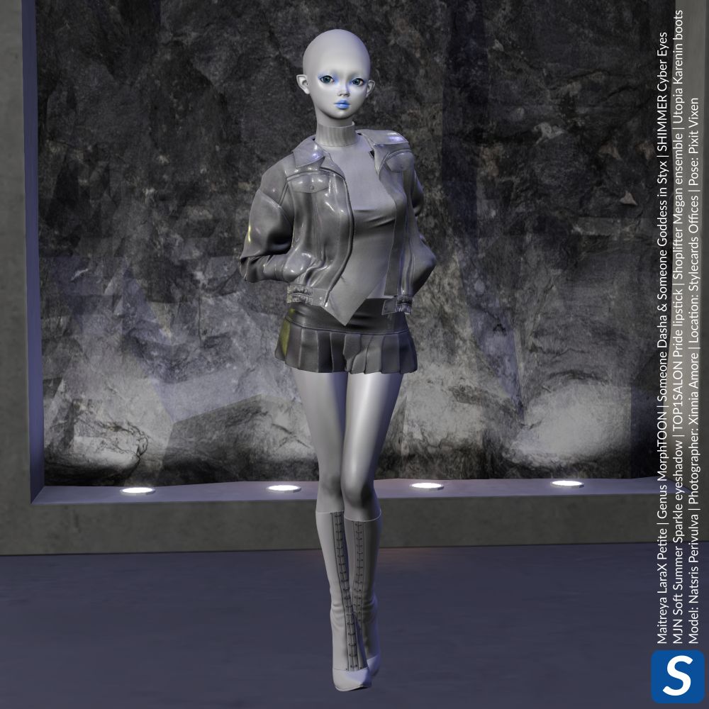 Natsris Perivulva is a grey-skinned alien from Mars, who lacks any hair, but has slightly pointy ears. She is wearing an asymmetric sweater, leather jacket, pleated skirt, and high-heeled boots, all in grey to match her skin. She is standing in front of a grey rock face while standing on a grey concrete floor.