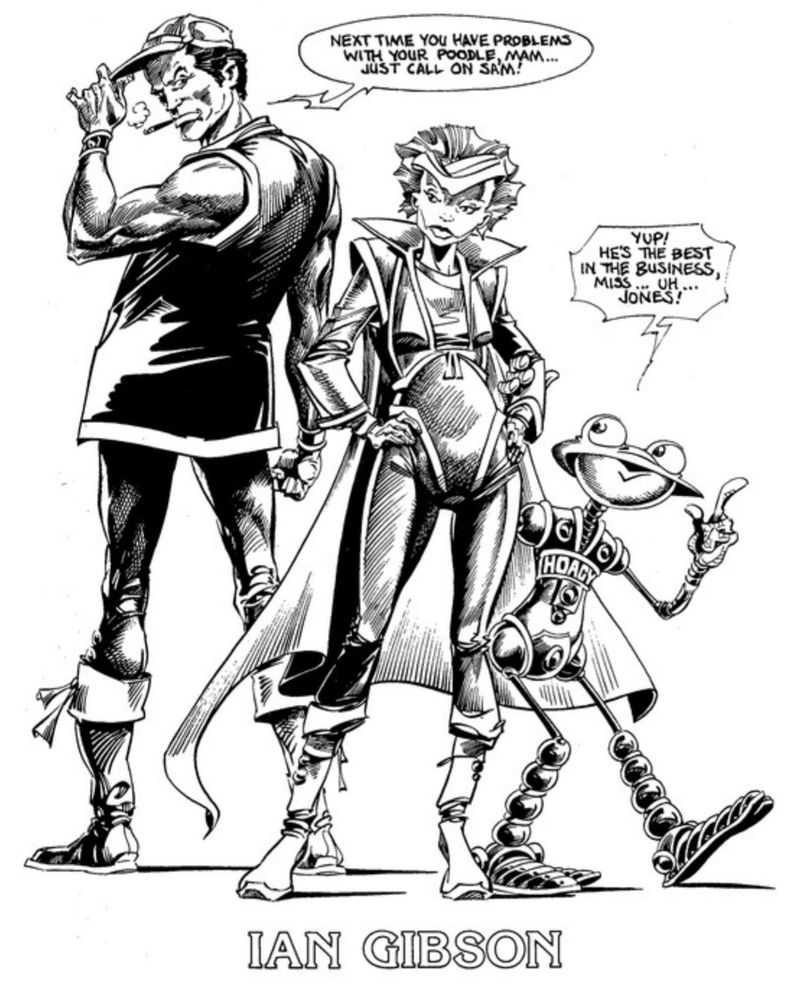 A black and white ink drawing by artist Ian Gibson featuring the characters Robo-Hunter, Halp Jones, and robot assistant Hoagy.
