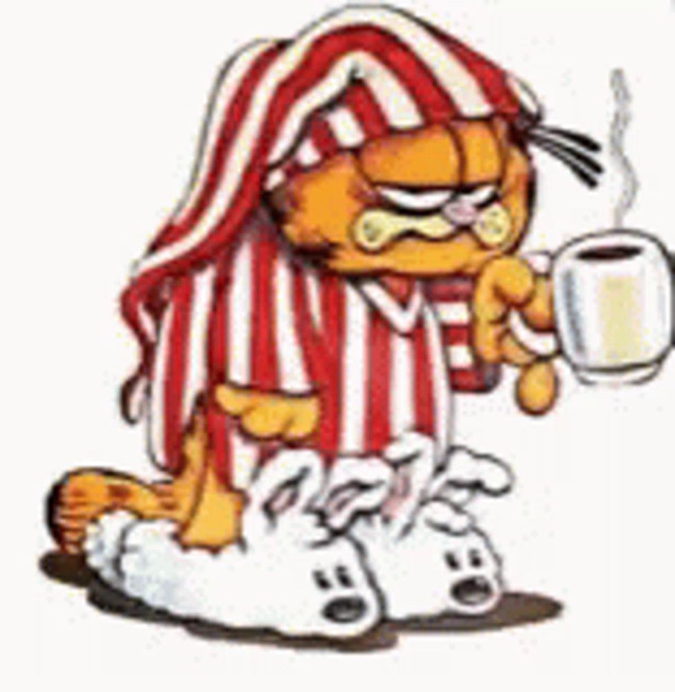 garfield is holding a cup of coffee and wearing pajamas and slippers .