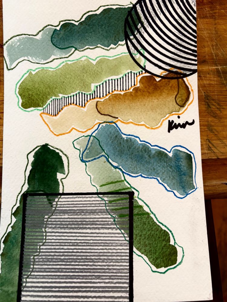 Different shades of green, rust-brown,  long narrow shapes. 