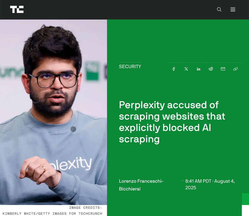 Un article de TechCrunch qui lit : Perplexity accused of scraping websites that explicitly blocked Al scraping