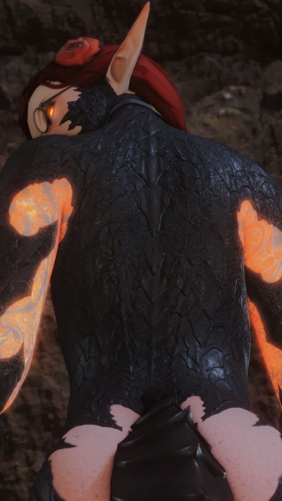 Myvrael, a redheaded elf with glasses and a rose above the left ear. Their skin hosts draconic scales covering large portions of their frame, across their outer arms, thighs, waist and upper torso, as well as framing their small breasts. Their intricate arcane tattoos, usually blue, are now a firey glow akin their eyes, glowing on bare skin but instead of coloured or glowing upon the scales, they are simply etched into them. They are facing away from the viewer, looking over shoulder just slightly to show off the back scales and a hint of bum.