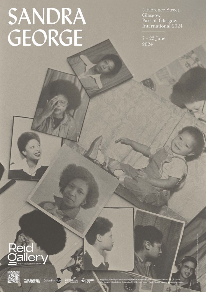 This exhibition poster image is a photograph Sandra George took of a collage of self portrait photographs at different ages. 