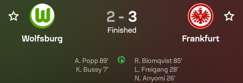 Wolfsburg lose to Eintracht Frankfurt 3-2