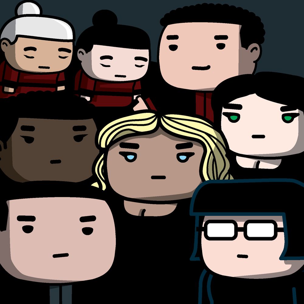 Forsaken looking at you: Aran'gar, Moridin, Demandred, Mesaana, Semirhage, Graendal. Moghedien, Cyndane are kneeling with heads lowered in the background.
