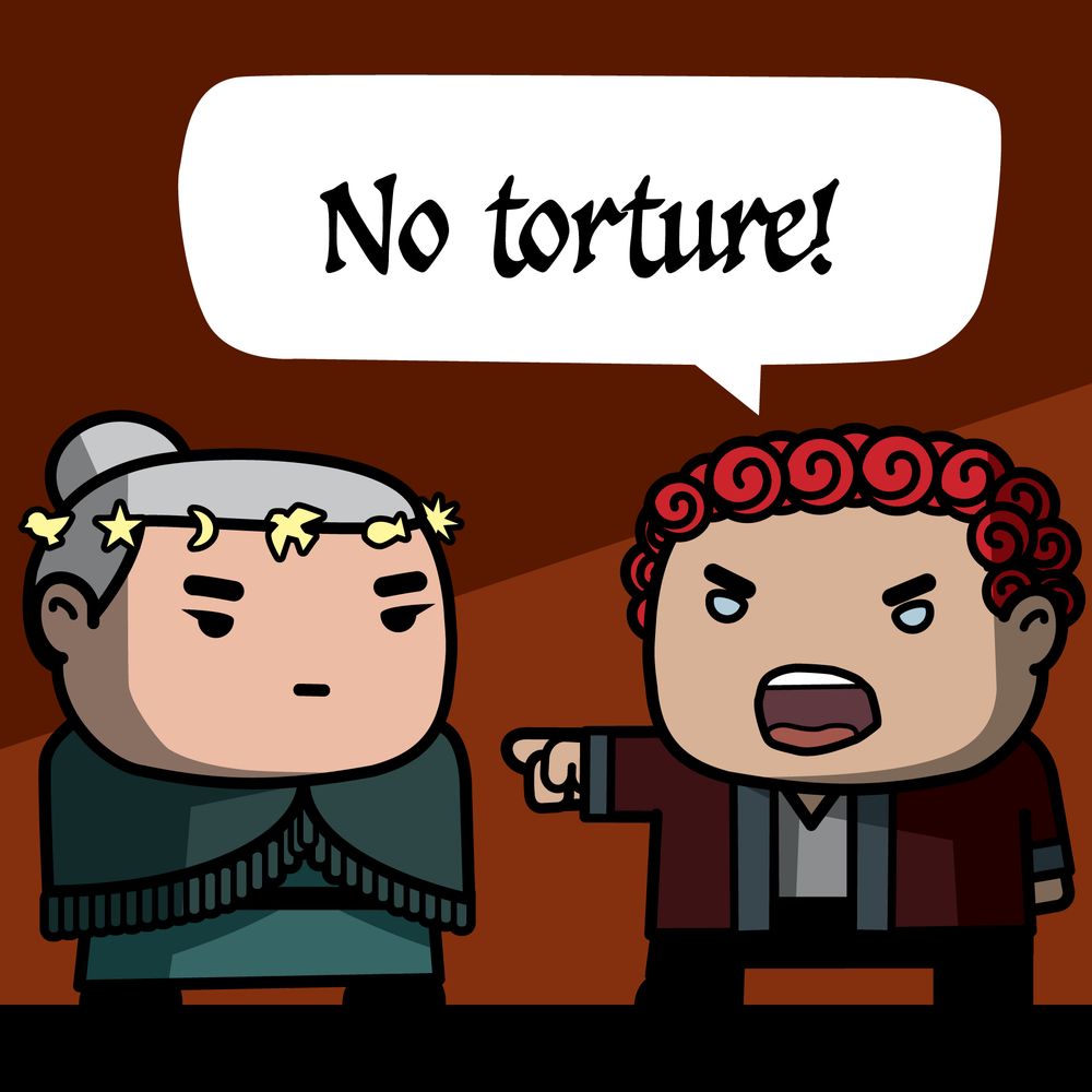 Angry Rand pointing to angry Cadsuanne demanding "No torture!"