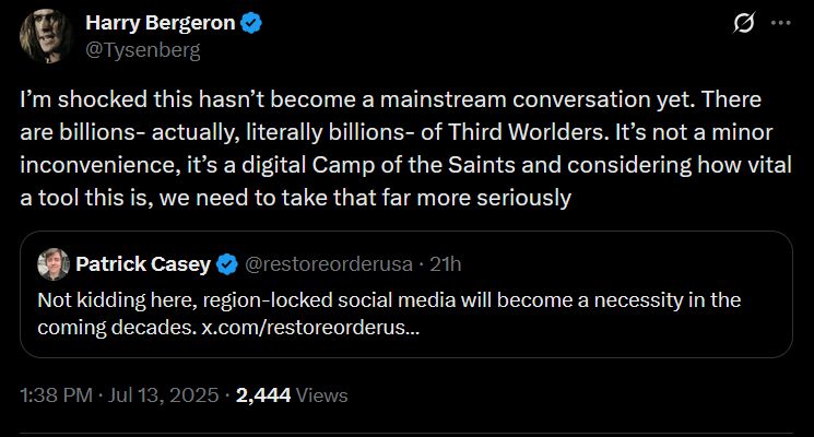 Tweet from Harry Bergerson:
"I'm shocked this hasn't become a mainstream conversation yet. There are billions- actually, literally billlions- of Third Worlders. It's not a minor inconvenience. It's a digital Camp of the Saints and considering how vital a tool this is, we need to take that far more seriously

Quote tweet from Patrick Casey:
"Not kidding here, region-locked social media will become a necessity in the coming decades."