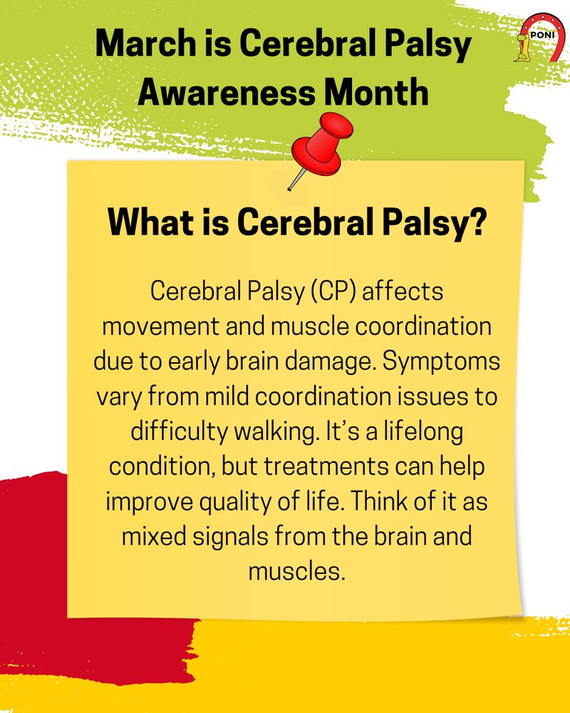 March is Cerebral Palsy Awareness Month” is written in bold along the top of the image. In the top right corner sits the PONI lab logo. The background of the post has a green swoosh along the top, a red swoosh along the bottom left, and a yellow swoosh along the entirety of the bottom of the post. The centre of the post contains a yellow sticky note with a red push pin. The sticky note reads “What is Cerebral Palsy?” in bold. Below the title reads “Cerebral Palsy (CP) affects movement and muscle coordination due to early brain damage. Symptoms vary from mild coordination issues to difficulty walking. It’s a lifelong condition, but treatments can help improve quality of life. Think of it as mixed signals from the brain and muscles.” 