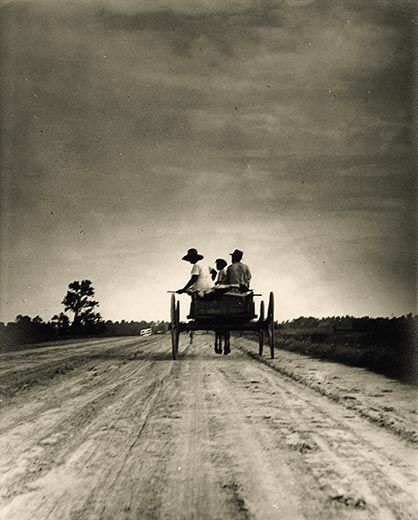 A shot from behind a mule cart with three figures going up the road.