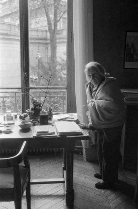 The novelist stands at her desk