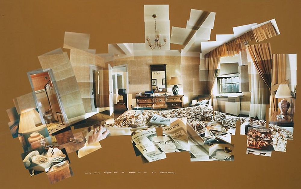 A collage of many Polaroid photos put together to make a panoramic view of the hotel room. 