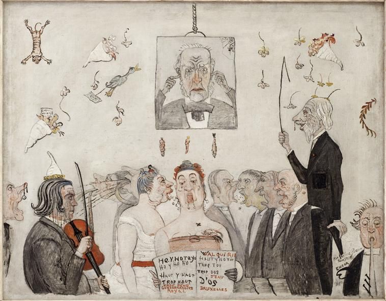 A very bad orchestra & singers butcher Wagner. On the wall, a picture of the composer with his fingers in his ears.