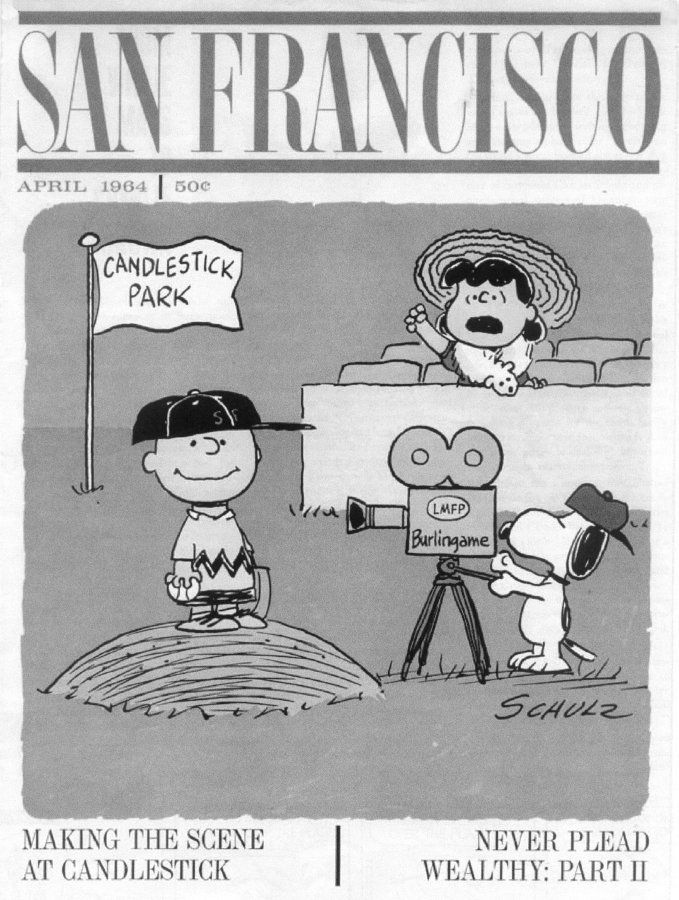 San Francisco
Making the Scene at Candlestick

Schulz draws Charlie Brown on the mound, with a "Candlestick Park" flag flying behind him. Snoopy, with his hat on backwards, shoot him with a TV camera.

Lucy heckles from the stands.