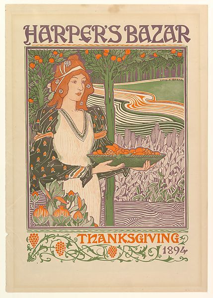 Poster
A woman in Renaissance dress carries a dish to the table, underneath an apple tree, with a cornfield in the background