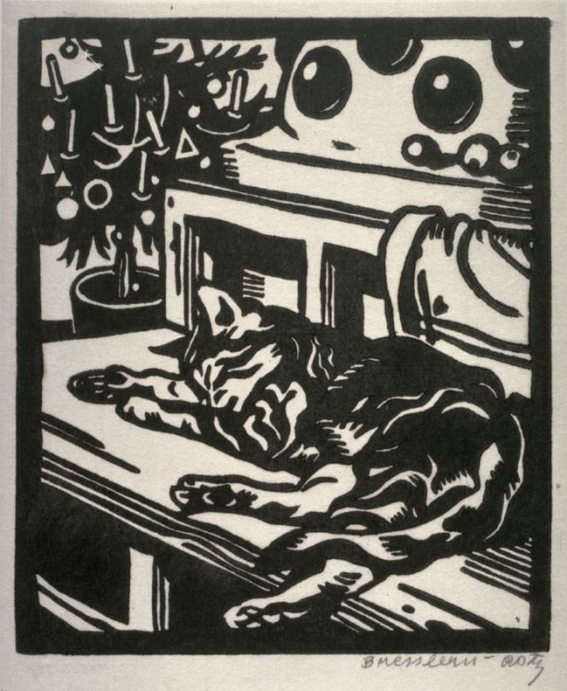 Woodcut of a sleeping cat in front of a Xmas tree