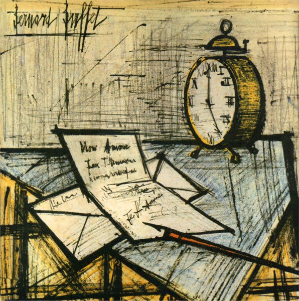 Semi-abstract representation of a desk, with pen, stationery & a clock.