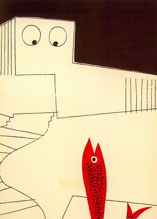 Drawing of a modernist house with round windows looking like eyes. In the foreground, a fountain of a fish.