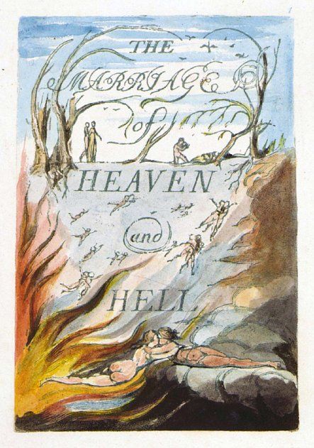 Blake's coloured drawing of the title page of The Marriage of Heaven and Hell. A couple embrace in the fires of Hell. They're also seen ascending to Heaven, along with other couples.