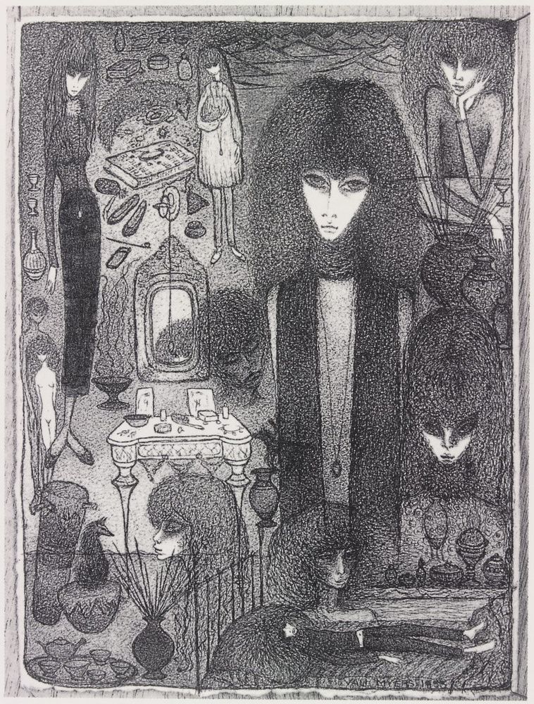 The figure of Myers looking out, with many other smaller versions of herself throughout the drawing.