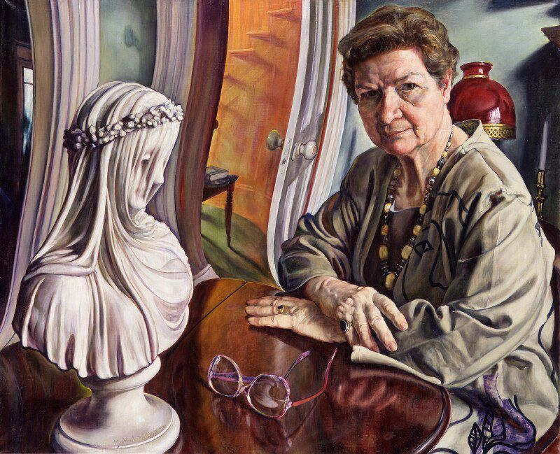 Painting of the writer leaning on a table, which contains her glasses, and a Victorian bust of a veiled woman.