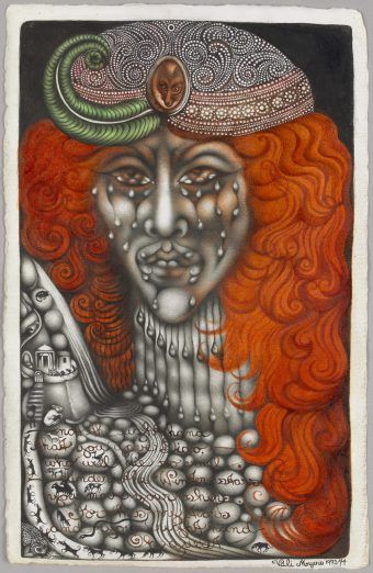The queen with bright red curls. She has an elaborate headdress, and jewelled tears on her cheeks.