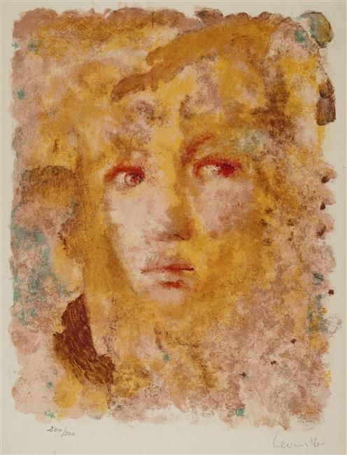Coloured lithograph of a woman's face, in shades of orange & brown.