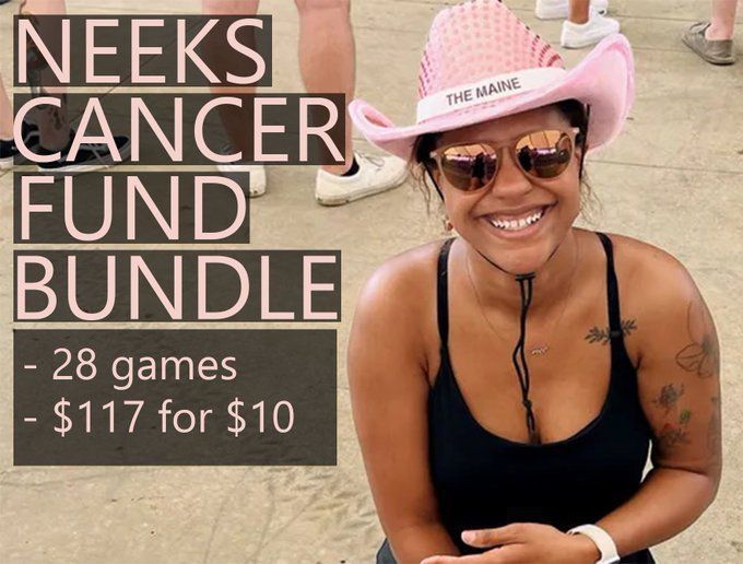 TEXT: Pink text on a partially transparent black background. NEEKS CANCER FUND BUNDLE 
- 28 games
- $117 for $10

PICTURE: BACKGROUND has 5 people with only their legs and shoes showing standing on concrete. The foreground has a black woman wearing a pink sequined cow boy hat wearing a black tank top, reflective glasses and a big smile. 