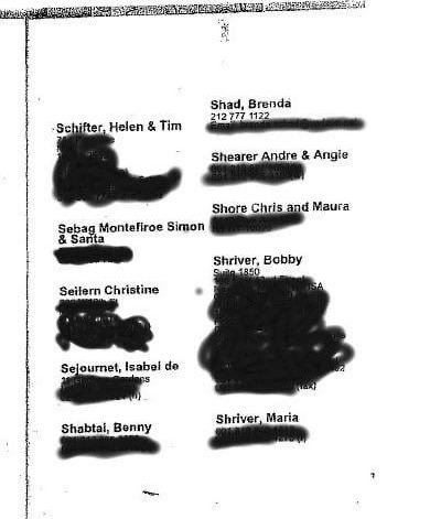 page from epstein’s little black book with several names, phone numbers, and addresses though the numbers and addresses have been blacked out