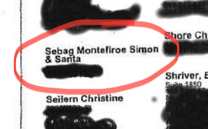 Simon Sebag Montefiroe and his wife Santa’s name are both on there along with what is most likely a blacked out phone number