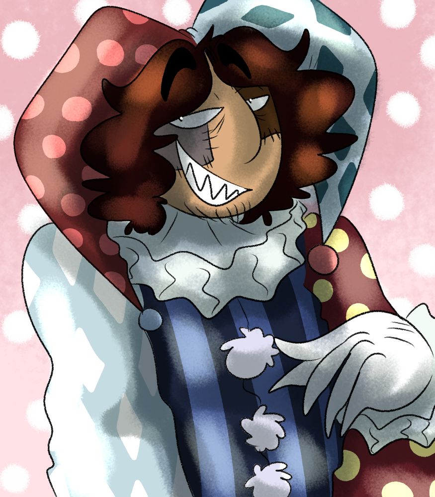 My sona, Kas in a blue (navy and cyan) and red jester outfit. With light red and yellow circles, white and dark blue diamonds and dark blue stripes with white cuffs and fluffy pom poms as buttons. 


Kas is a chimera, stitched up together with human, monster and alien parts. Usually has a nose ring which I forgot to draw her... 