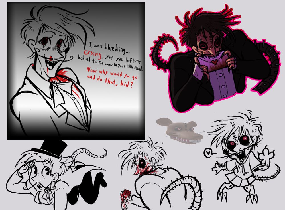 Full sketchpage of a humanized/gijinka monster rat (five nights at candy’s 3 / fnac 3). more detailed descriptions of each sketch are located in the original post above
