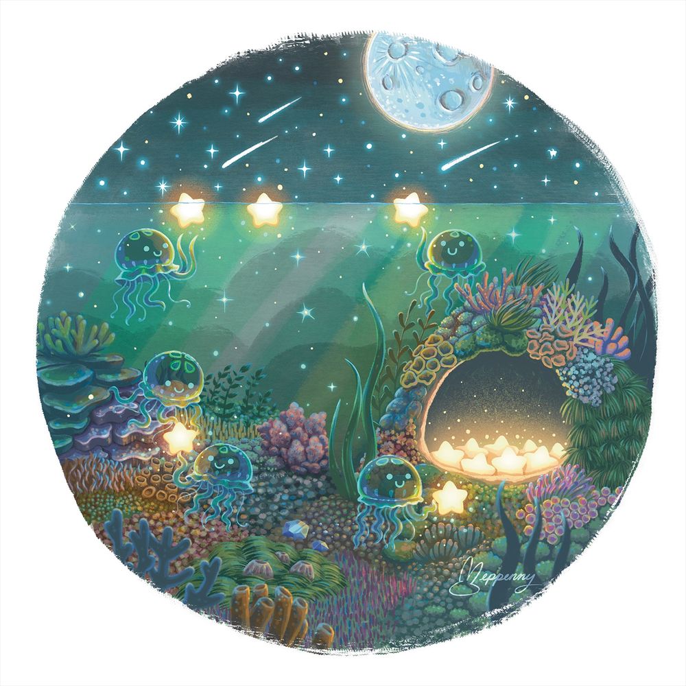 Illustration by Yeppenny Doodles of kawaii jellyfish underwater in a coral reef with glowy stars, with a starry moonlit sky above