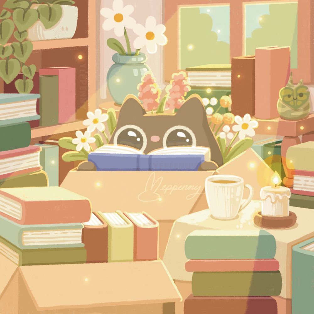 Illustration by Yeppenny Doodles of a cat reading a book in a box surrounded by book stacks.