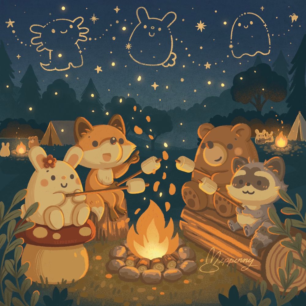 Illustration by Yeppenny Doodles of a cute bunny, fox, raccoon, and bear roasting marshmallows beneath a starry summer sky.
