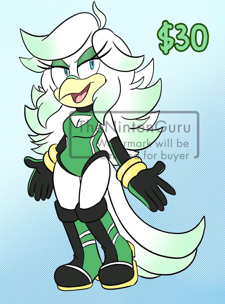 An adopt of an anthropomorphic bird with white-green hair, blue eyes, and a green jumpsuit with black-green gloves and shoes. Costs $30 USD. Watermark will be removed once purchased.