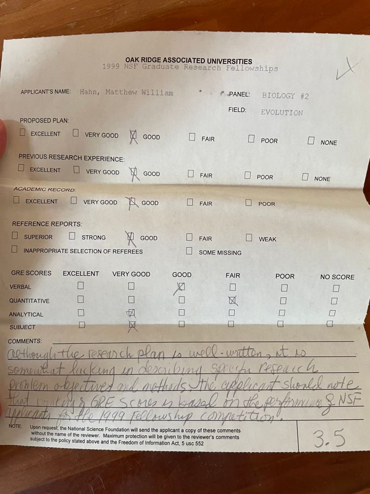 A score sheet for my 1999 NSF GRFP. The reviewers did not think highly of my application.