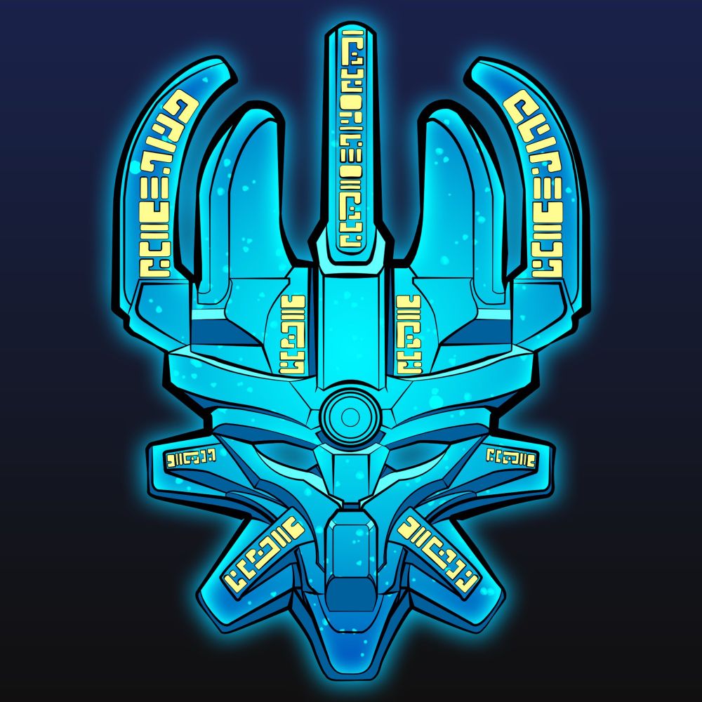 A colorful Bionicle mask of creation that’s blue with yellow highlights in the symbols.