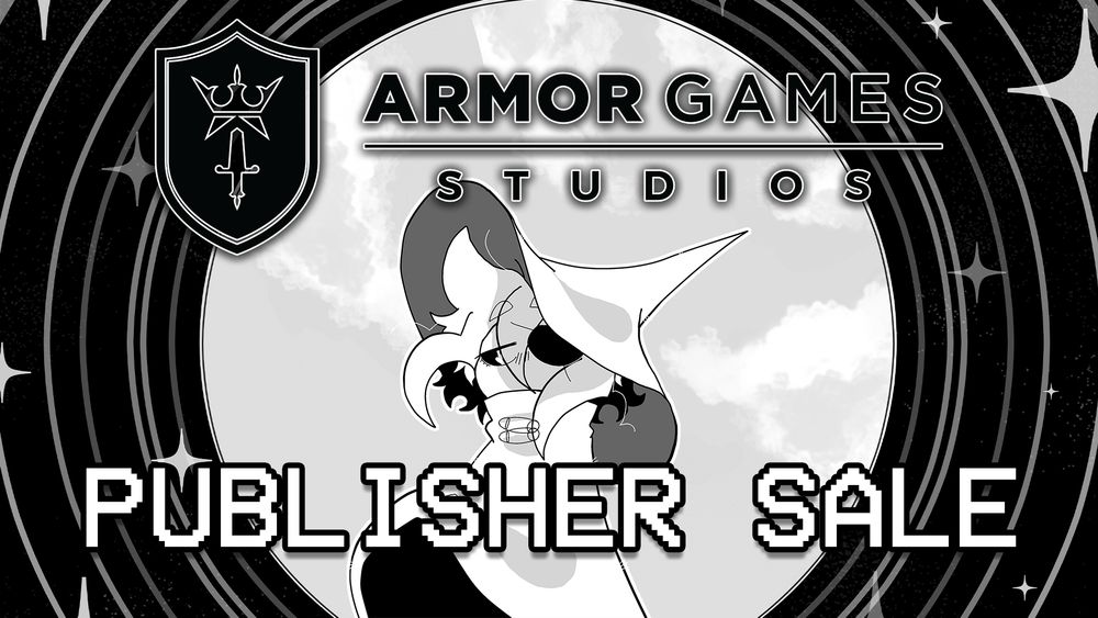 The Armor Games Studios logo over a black and white background with white sparkles and the character Siffrin in the middle. On top of Siffrin it says "Publisher Sale"
