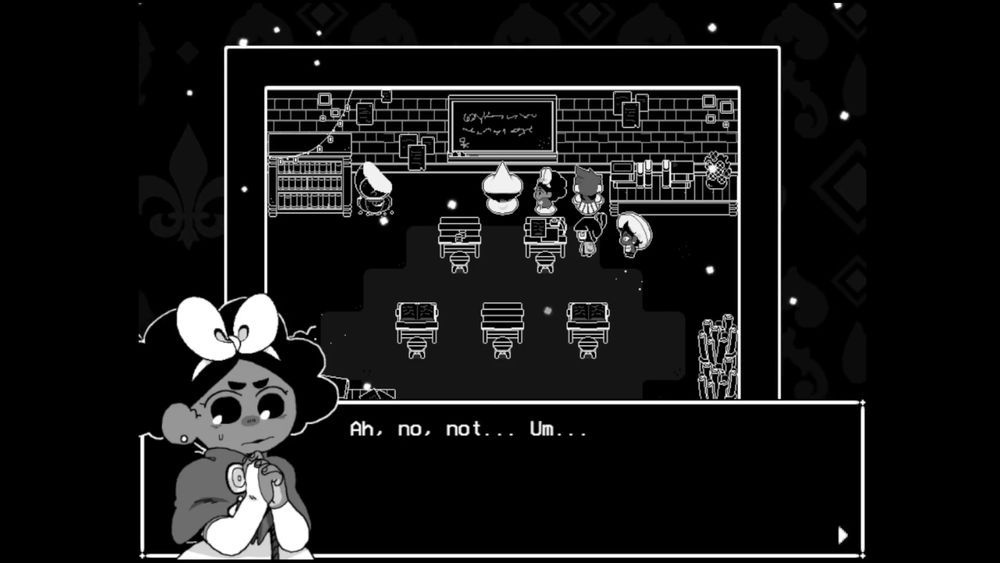 Mirabelle looks frustrated and says "Ah, no, not...Um..." in the background Siffrin, Mirabelle, Isabeau, Odile, and Bonnie stand in a classroom looking at a chalk board.