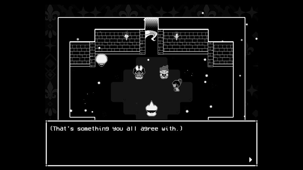 Siffrin, Mirabelle, Isabeau, and Odile stand in a while Bonnie is in the corner cooking. The caption says "(That's something you all agree with.)"