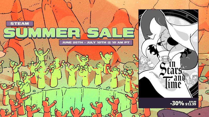The key art for the Steam Summer Sale, a bunch of characters wearing robes with their arms up surrounding a pit. They are all in shades of orange, yellow, and bright green. The key art for In Stars and Time is on the side. Siffrin stands looking off into the distance.