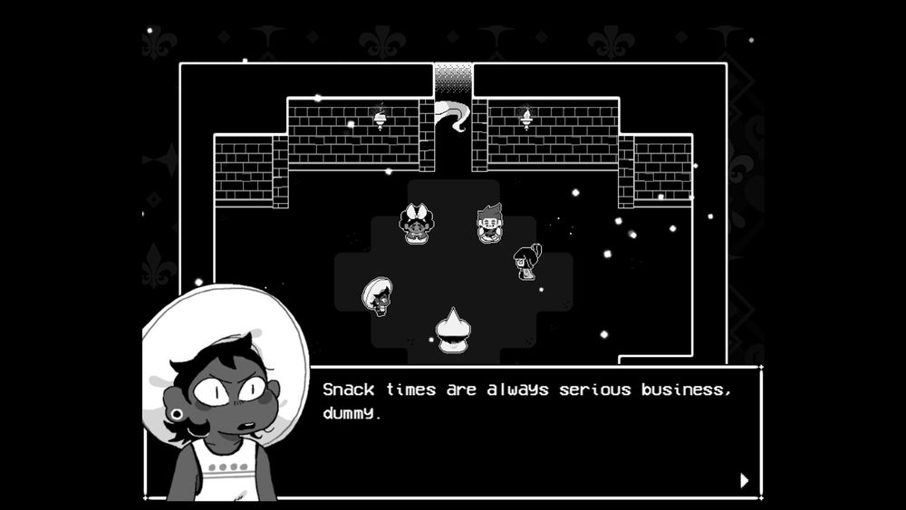 Bonnie replied "Snack times are always serious business, dummy." behind them Bonnie, Siffrin, Mirabelle, Isabeau, and Odile are standing in a circle in an empty room.