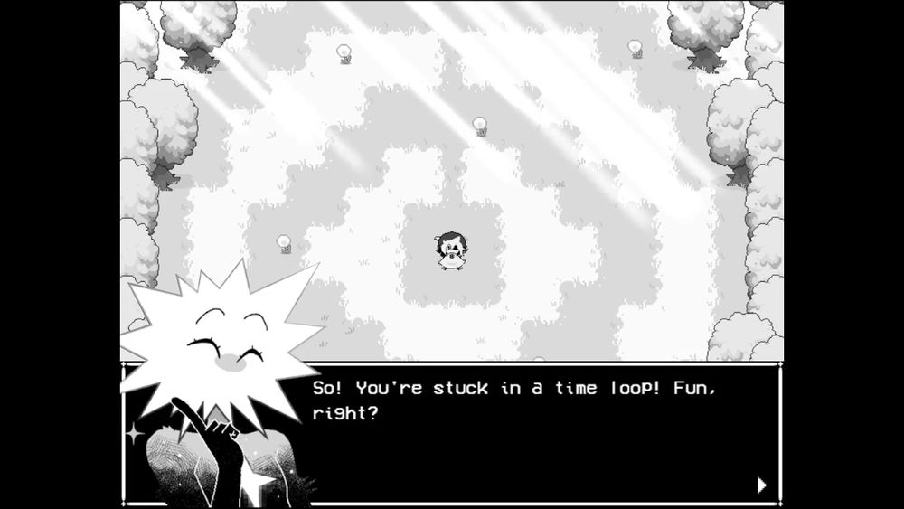 Siffrin laying in a field and Loop smiling saying "So! You're stuck in a time loop! Fun, right?"