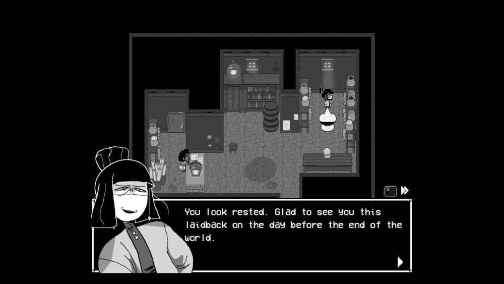 Odile looking smug and saying "You look rested. Glad to see you this laidback on the day before the end of the world." and behind her Siffrin and Odile are standing next to a bookshelf in a bookstore.