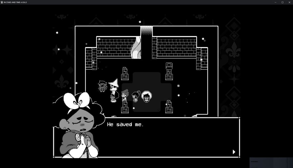 Mirabelle stands with her hands closed together close to her chest, she has her eyes closed and is looking pained and sad. She says "He saved me." behind her Siffrin and the team are looking at a frozen boy in a room.