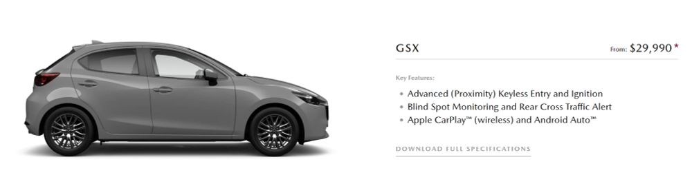 A photo of the entry level Mazda2 GSX with a RRP of $29,990.