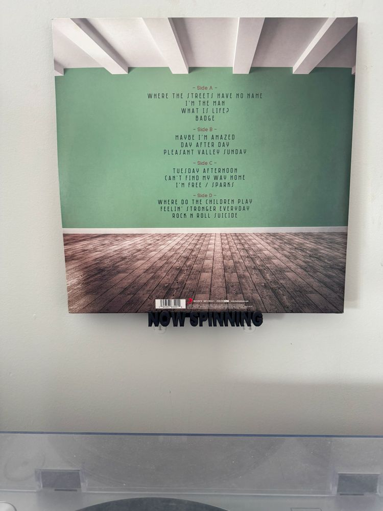 The back of the album, showing the track list

Side A
Where the Streets Have No Name – U2
I'm the Man – Joe Jackson
What Is Life? – George Harrison
Badge – Cream (written by Eric Clapton & George Harrison)

Side B 
Maybe I'm Amazed – Paul McCartney
Day After Day – Badfinger
Pleasant Valley Sunday – The Monkees (written by Gerry Goffin & Carole King

Side C
Tuesday Afternoon – The Moody Blues
Can't Find My Way Home – Blind Faith (written by Steve Winwood)
I'm Free / Sparks – The Who (written by Pete Townshend)

Side D
Where Do the Children Play? – Cat Stevens
Feelin' Stronger Every Day – Chicago
Rock and Roll Suicide – David Bowie